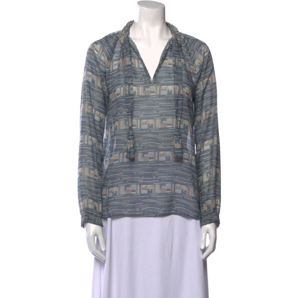 Calypso St Barth Ruffle‎ Neck Popover Blouse Tie Neck  Mint / Beige Small